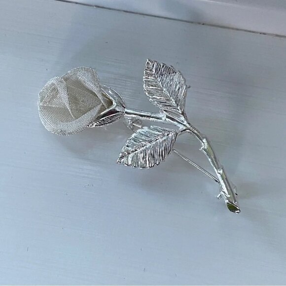 Vintage Anne Klein Signed Mesh Rose Silver Tone Brooch 2" - Picture 1 of 5